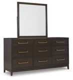 Burkhaus Queen Upholstered Bed with Mirrored Dresser