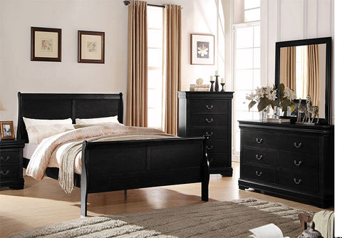 Louis Philippe Black Queen Bed w/Dresser & Mirror