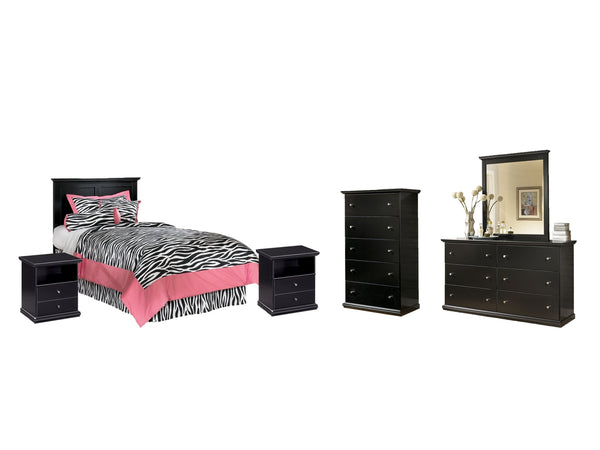 Maribel Twin Panel Headboard Bed with Mirrored Dresser, Chest and 2 Nightstands