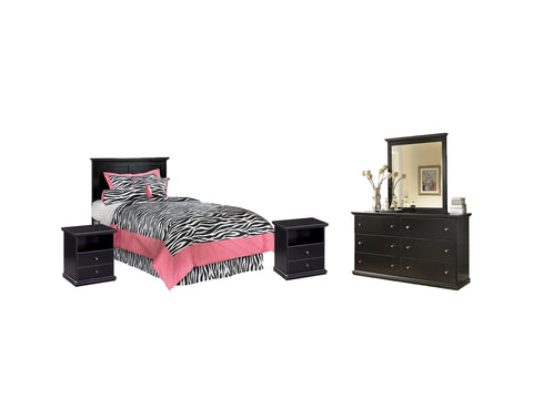 Maribel Twin Panel Headboard Bed with Mirrored Dresser and 2 Nightstands