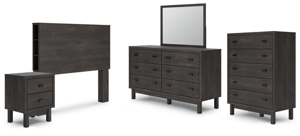 Toretto Queen Bookcase Headboard with Mirrored Dresser, Chest and Nightstand