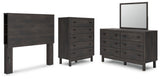 Toretto Queen Bookcase Headboard with Mirrored Dresser and Chest