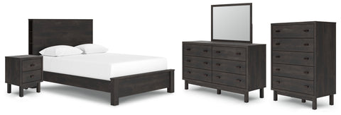 Toretto Queen Panel Bookcase Bed with Mirrored Dresser, Chest and Nightstand