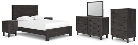 Toretto Queen Panel Bookcase Bed with Mirrored Dresser, Chest and 2 Nightstands