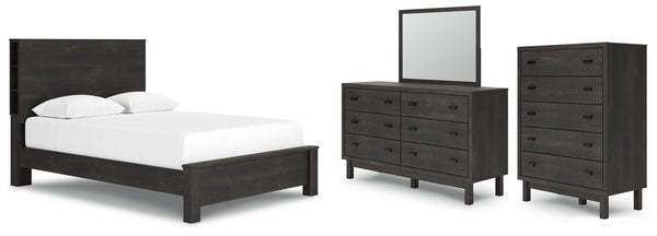 Toretto Queen Panel Bookcase Bed with Mirrored Dresser and Chest