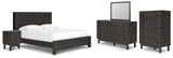 Toretto King Panel Bookcase Bed with Mirrored Dresser, Chest and Nightstand