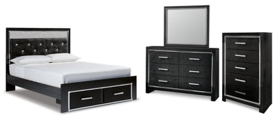 Kaydell Queen Upholstered Panel Storage Bed with Mirrored Dresser and Chest