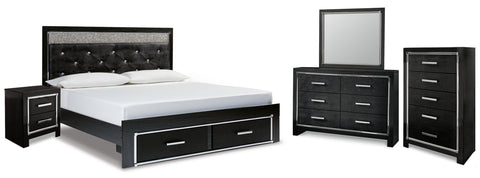 Kaydell King Upholstered Panel Storage Bed with Mirrored Dresser, Chest and Nightstand