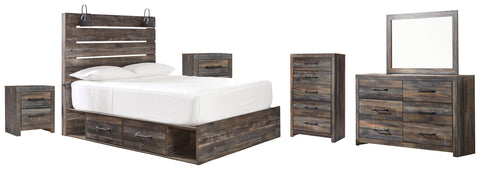 Drystan Twin Panel Bed with 2 Storage Drawers with Mirrored Dresser, Chest and 2 Nightstands