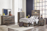 Drystan Twin Panel Bed with 4 Storage Drawers with Mirrored Dresser, Chest and 2 Nightstands