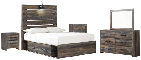 Drystan Full Panel Bed with 2 Storage Drawers with Mirrored Dresser and 2 Nightstands