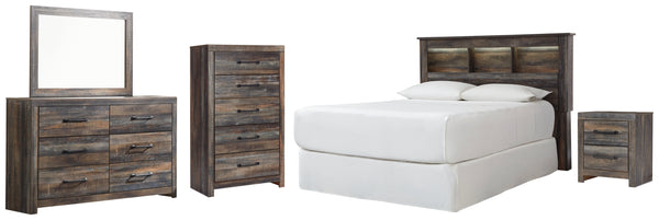 Drystan Queen/Full Bookcase Headboard Bed with Mirrored Dresser, Chest and Nightstand