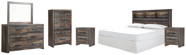 Drystan King/California King Bookcase Headboard Bed with Mirrored Dresser, Chest and 2 Nightstands