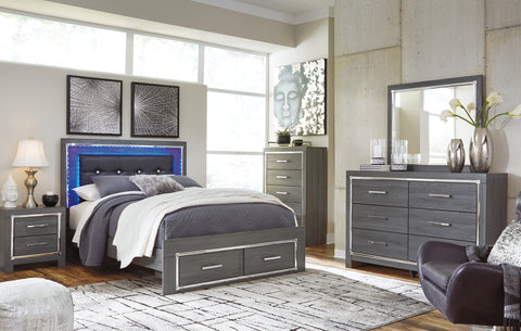 Lodanna Queen Panel Bed with 2 Storage Drawers with Mirrored Dresser and Chest