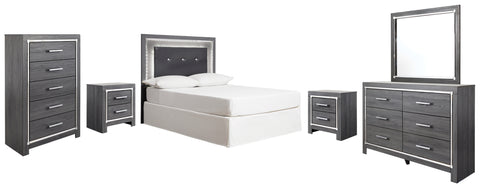 Lodanna Full Upholstered Panel Headboard Bed with Mirrored Dresser, Chest and 2 Nightstands