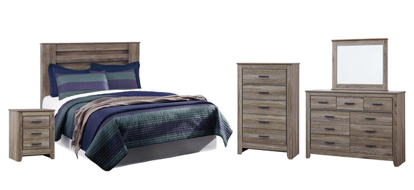 Zelen Queen/Full Panel Headboard Bed with Mirrored Dresser, Chest and Nightstand