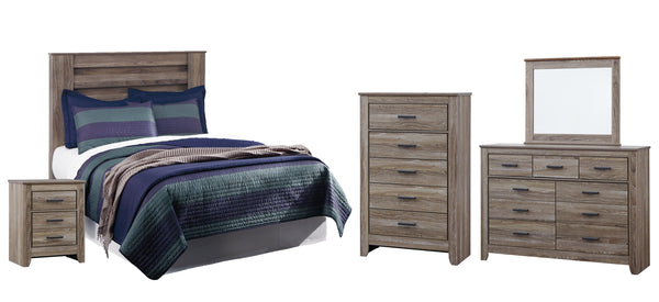 Zelen Full Panel Headboard Bed with Mirrored Dresser, Chest and Nightstand