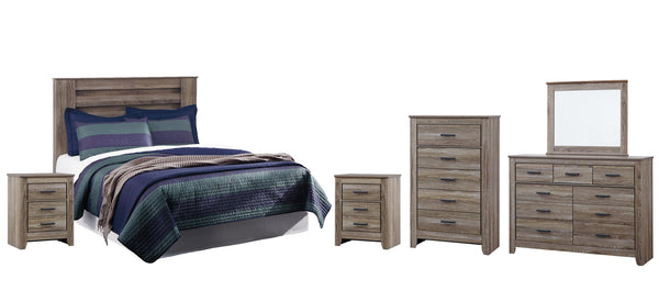 Zelen King/California King Panel Headboard Bed with Mirrored Dresser, Chest and 2 Nightstands