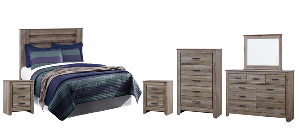 Zelen Full Panel Headboard Bed with Mirrored Dresser, Chest and 2 Nightstands