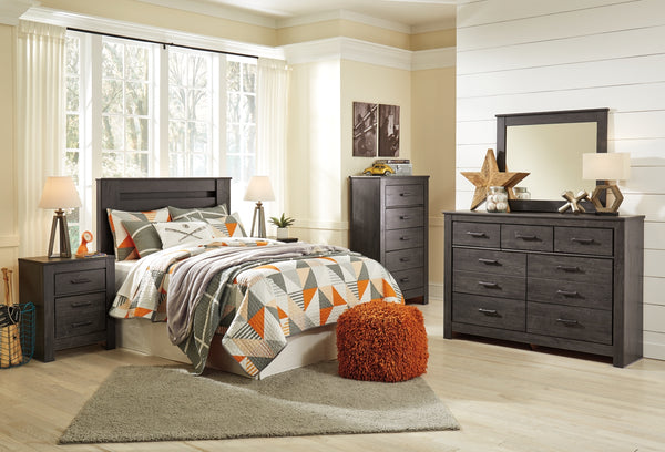 Brinxton Queen/Full Panel Headboard Bed with Mirrored Dresser, Chest and Nightstand