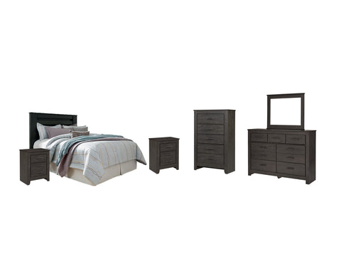 Brinxton Queen/Full Panel Headboard Bed with Mirrored Dresser, Chest and 2 Nightstands