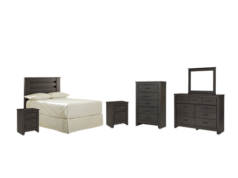 Brinxton Full Panel Headboard Bed with Mirrored Dresser, Chest and 2 Nightstands