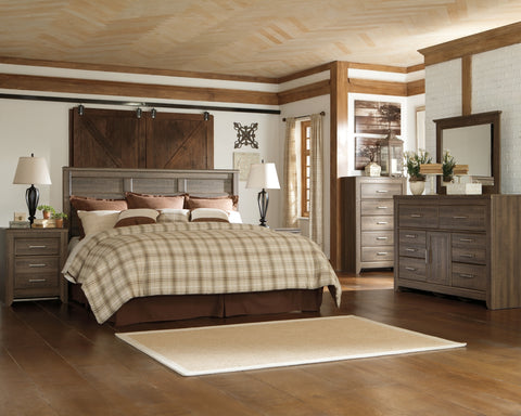 Juararo King/California King Panel Headboard Bed with Mirrored Dresser, Chest and 2 Nightstands