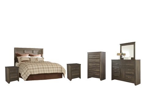 Juararo Queen Panel Headboard Bed with Mirrored Dresser, Chest and 2 Nightstands