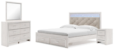 Altyra King Upholstered Storage Bed with Mirrored Dresser and Nightstand