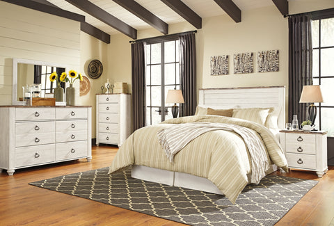 Willowton Queen/Full Panel Headboard Bed with Mirrored Dresser, Chest and Nightstand