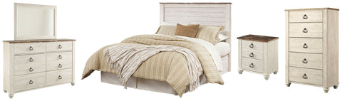 Willowton Queen/Full Panel Headboard Bed with Mirrored Dresser, Chest and Nightstand