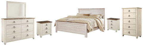 Willowton California King Panel Bed with Mirrored Dresser, Chest and 2 Nightstands