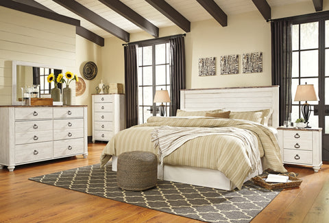 Willowton King/California King Panel Headboard Bed with Mirrored Dresser, Chest and Nightstand