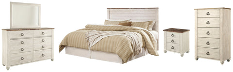 Willowton King/California King Panel Headboard Bed with Mirrored Dresser, Chest and Nightstand