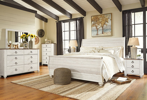 Willowton King Sleigh Bed with Mirrored Dresser, Chest and Nightstand