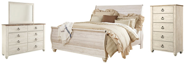 Willowton King Sleigh Bed with Mirrored Dresser and Chest