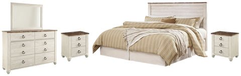 Willowton King/California King Panel Headboard Bed with Mirrored Dresser and 2 Nightstands