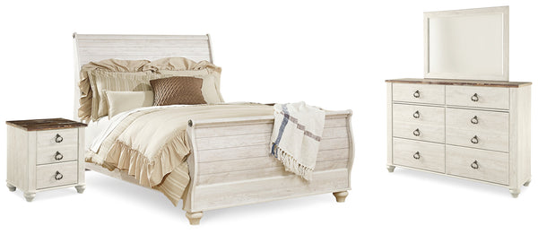 Willowton Queen Sleigh Bed with Mirrored Dresser and 2 Nightstands