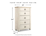 Willowton Queen/Full Panel Headboard Bed with Mirrored Dresser and Chest