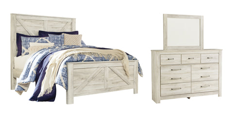 Bellaby Queen Crossbuck Panel Bed with Mirrored Dresser