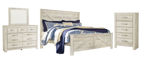 Bellaby King Crossbuck Panel Bed with Mirrored Dresser and Chest