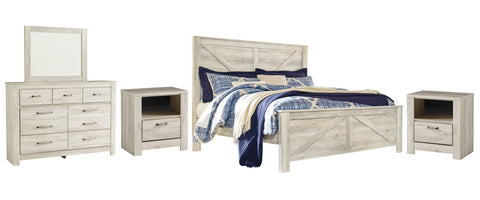 Bellaby King Crossbuck Panel Bed with Mirrored Dresser and 2 Nightstands