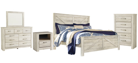 Bellaby King Crossbuck Panel Bed with Mirrored Dresser, Chest and Nightstand