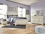 Bellaby King Crossbuck Panel Bed with Mirrored Dresser, Chest and 2 Nightstands