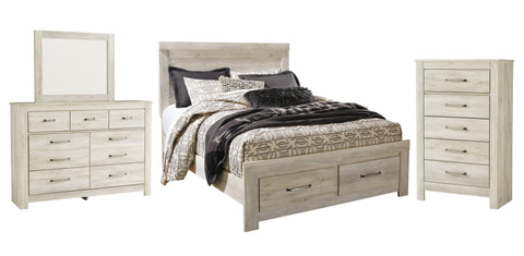 Bellaby Queen Platform Bed with 2 Storage Drawers with Mirrored Dresser and Chest