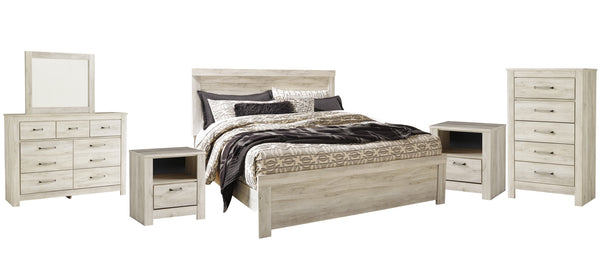 Bellaby King Panel Bed with Mirrored Dresser, Chest and 2 Nightstands