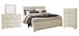 Bellaby King Panel Bed with Mirrored Dresser and Chest