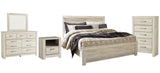 Bellaby King Panel Bed with Mirrored Dresser, Chest and Nightstand