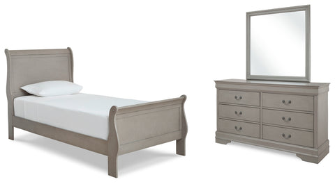 Kordasky Twin Sleigh Bed with Mirrored Dresser