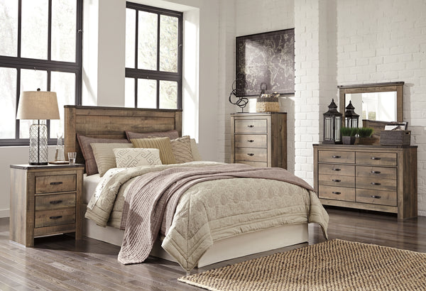 Trinell Queen Panel Headboard Bed with Mirrored Dresser and 2 Nightstands